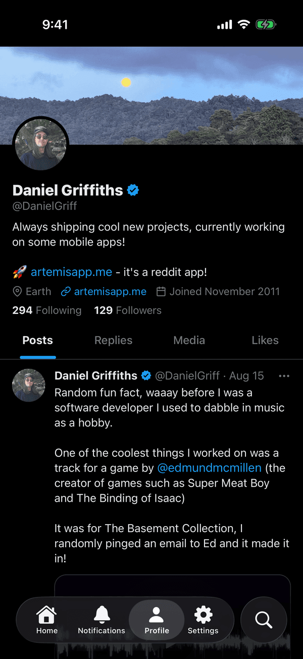 A profile in Aether with posts, media and likes tabs